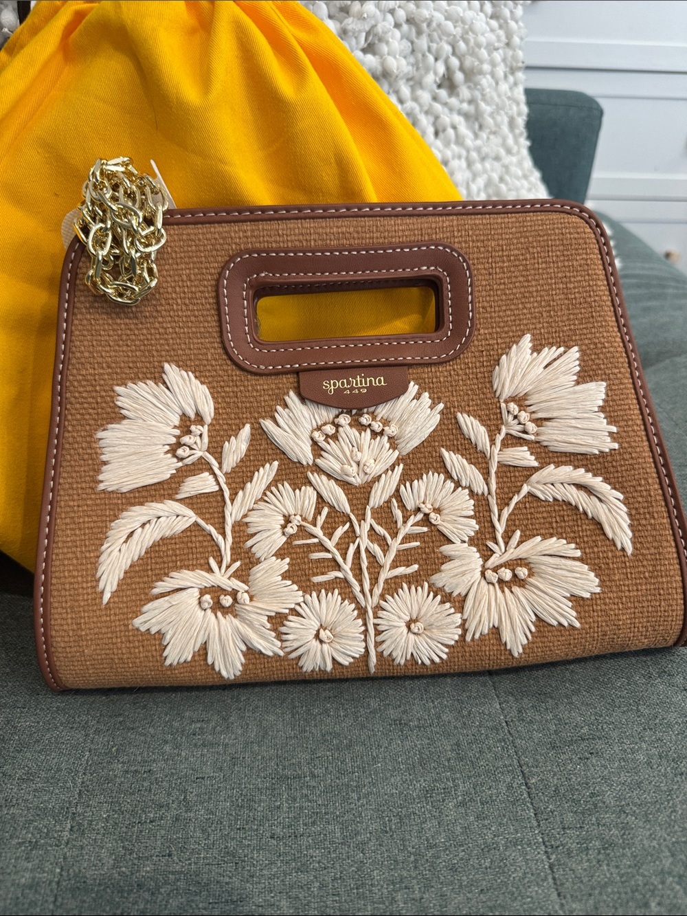 Spartina 449 Straw Brown Clutch Crossbody McAllisterwith Cream Floral Embroidery